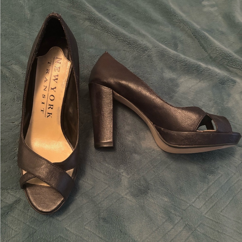 New York Transit Black Peep-Toe Platform Block Heels